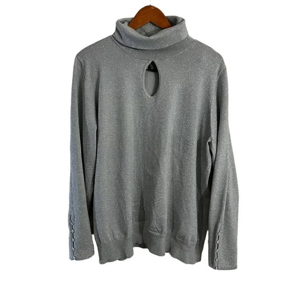 Lane Bryant Metallic Silver Gray High Neck Sweater 22 24 Keyhole Long Sleeves - Picture 1 of 6